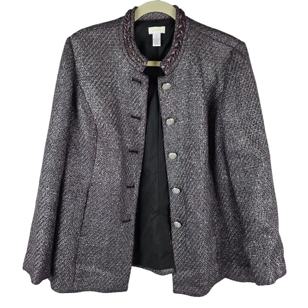 Chico's Blazer Sz 2 Purple Silver Metallic Tweed Braided Trim Jacket Academia